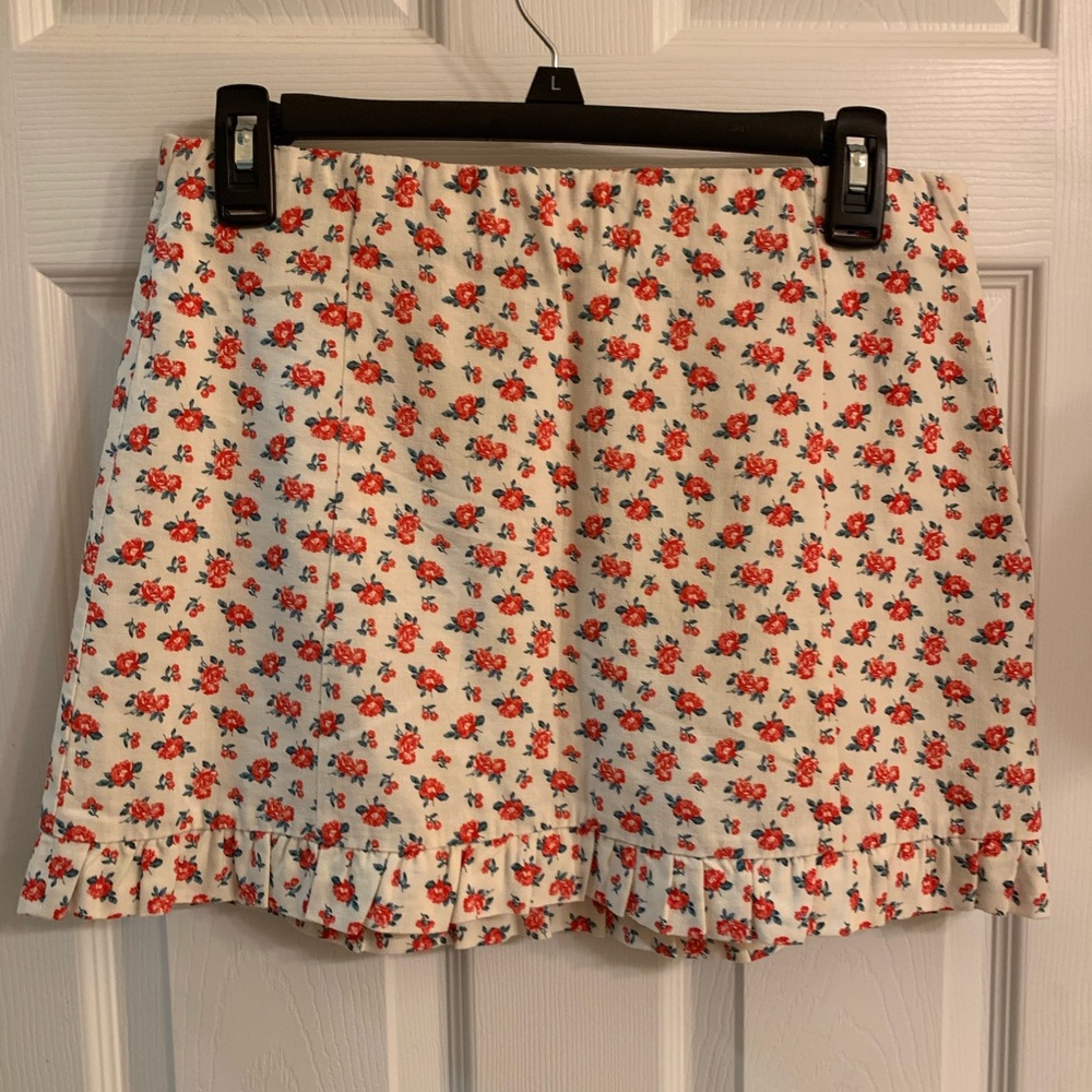 Floral Ruffle Hem Skirt - Cream and Red